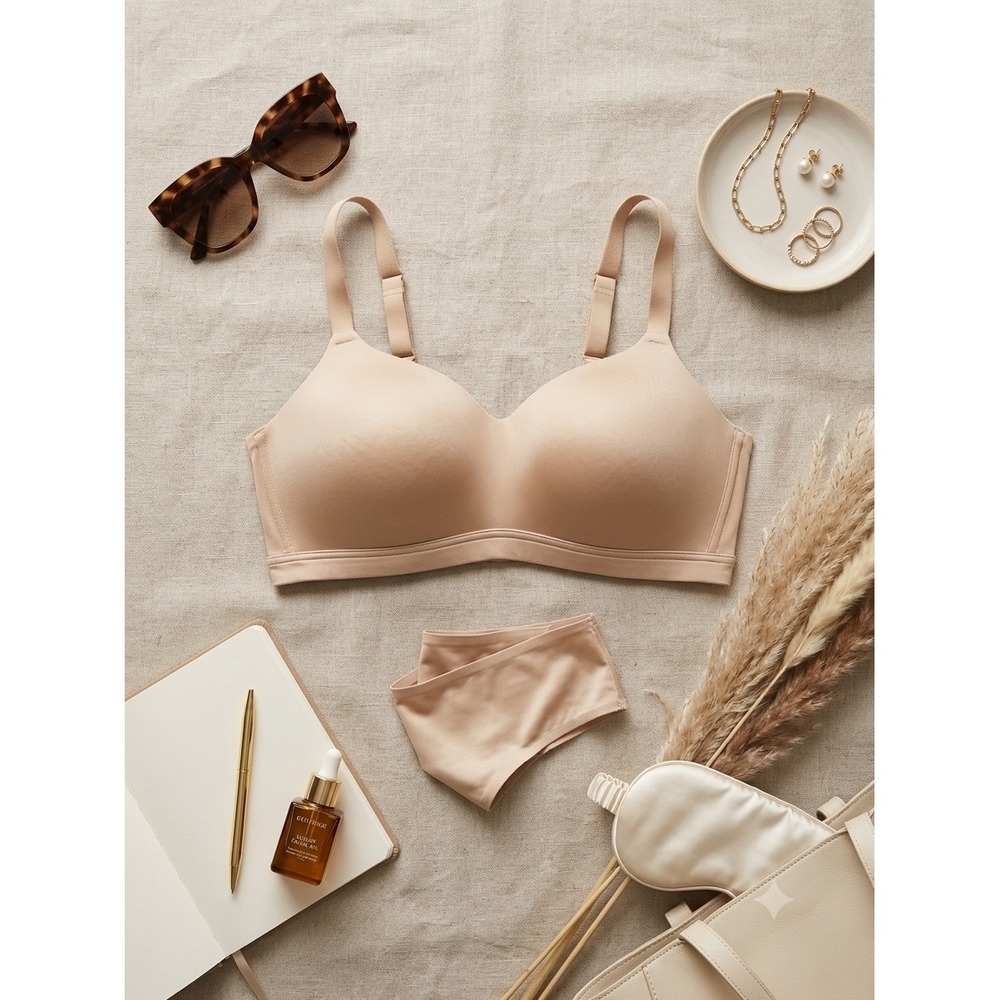 Cacique Lightly Lined Lounge Bra Tan Nude Wireless Crossover Back 44DD